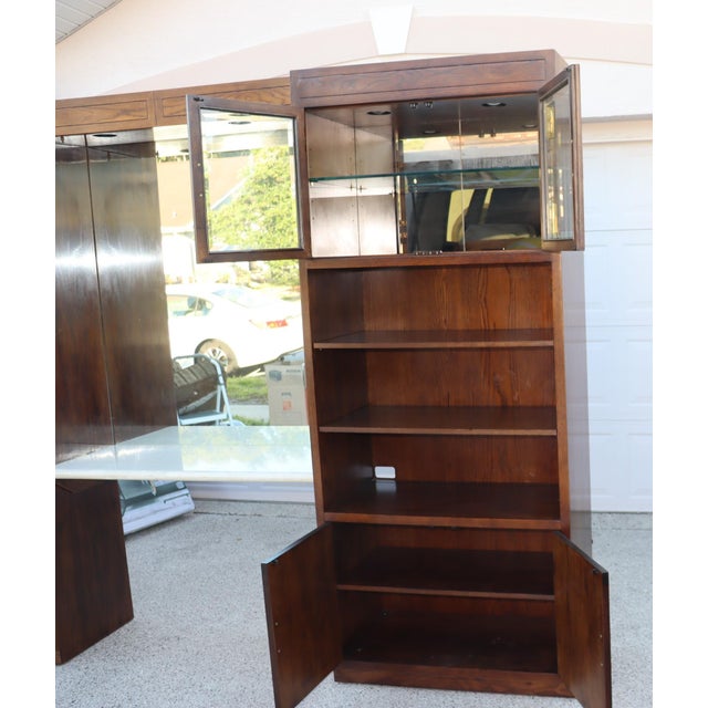 1970s Campaign Vintage Henredon Oak Wall Unit With Marble Counter and Mirrored Cabinets For Sale - Image 14 of 17
