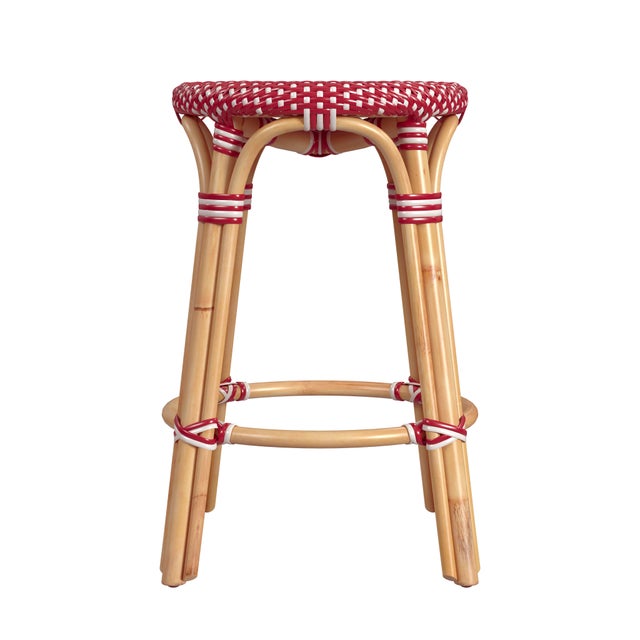 Spritely Home Accent Furniture Tobias 24 in. Seat Height Round Rattan Backless Counter Stool, Red/White Dot/ Natural Rattan Frame For Sale - Image 4 of 8