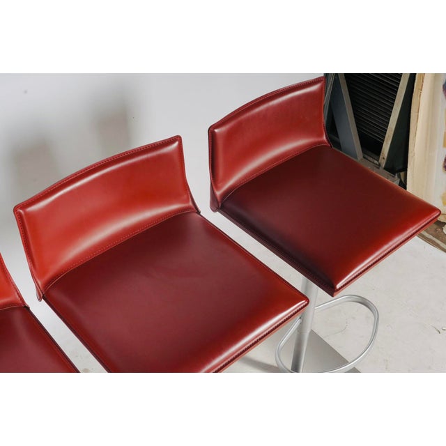 Metal Set of Four Frag Bottega Italian Red Leather Adjustable Swivel Bar Stools For Sale - Image 7 of 12