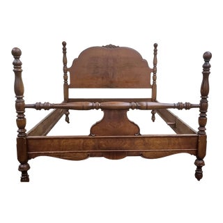 Vintage Empire Case Goods Full Size Burled Poster Cannonball Bed For Sale