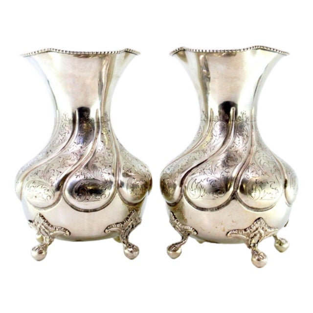 Silver Vases with Engraved Plant Elements, Frieze Edges, Palmettes and Claw-Shaped Feet, Set of 2 For Sale