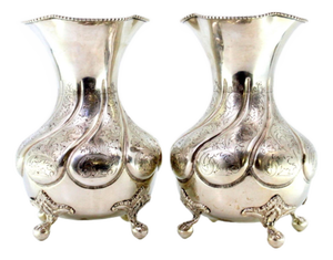 Silver Vases with Engraved Plant Elements, Frieze Edges, Palmettes and Claw-Shaped Feet, Set of 2