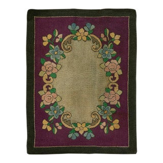 1890s Purple Medallion Floral Handmade Folk Art Antique American Hooked Rug For Sale