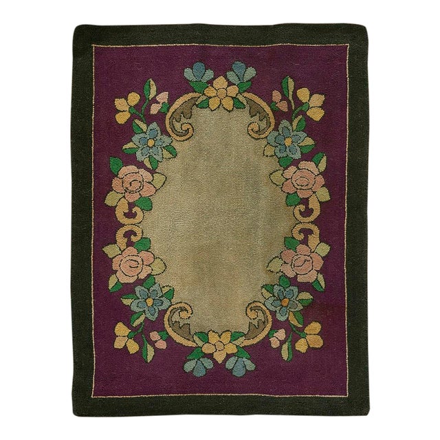 1890s Purple Medallion Floral Handmade Folk Art Antique American Hooked Rug For Sale
