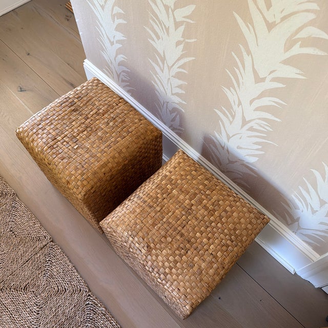 Pair of Vintage Woven Natural Fiber Cube Ottomans For Sale - Image 12 of 12