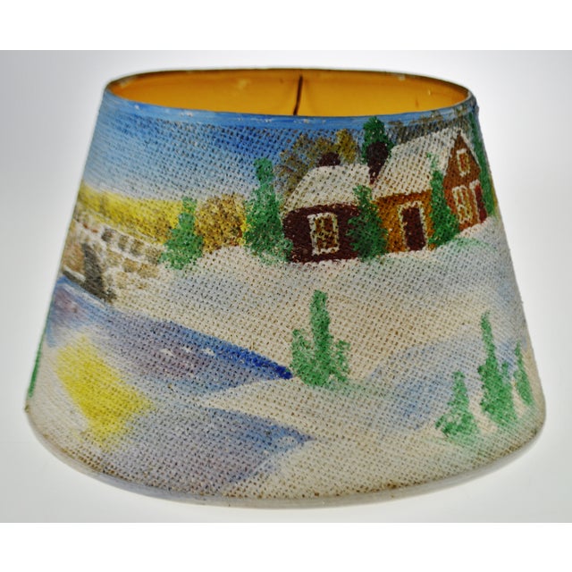 Vintage Folk Art Hand Painted Grass Cloth Lampshade Artist Signed