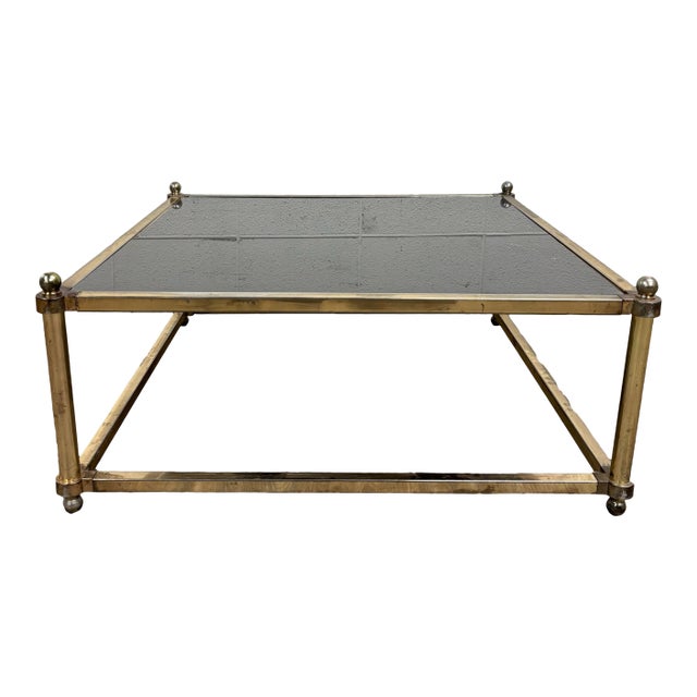 Vintage Maison Jansen Style Hollywood Regency Smoke Glass Top Brass Coffee Table For Sale