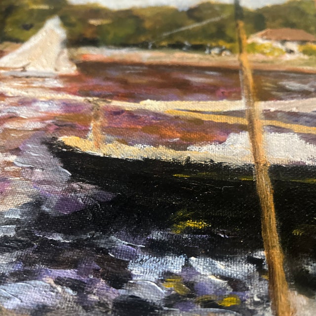1970s Charming Oil Painting: Maritime Harbor Scene With Sailboats, on Canvas and Framed - Signed For Sale - Image 10 of 12