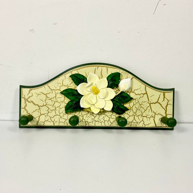 1980s Vintage Coastal Boho Chic Hand-Painted Magnolia Wall Mounted Hook - 4 Pegs For Sale - Image 6 of 8