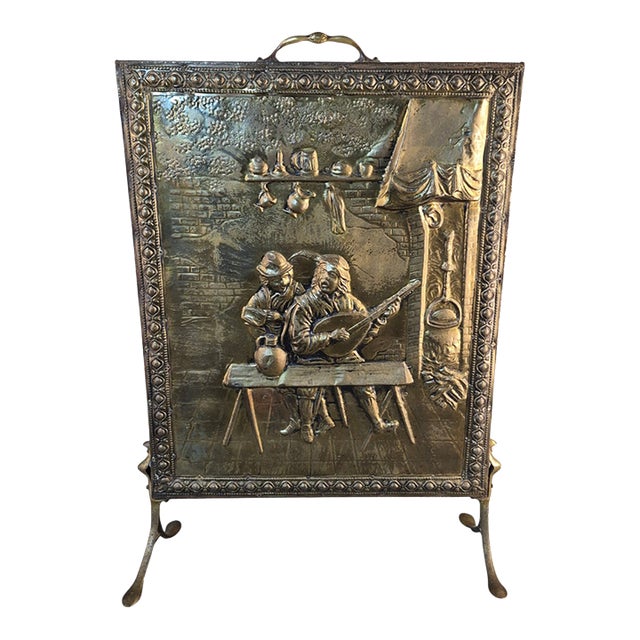 Antique Stamped Repousse Brass Figural Tavern Scene Fireplace Screen For Sale