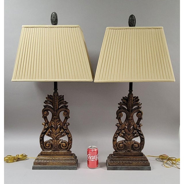Brown Pair of French Provincial Style Carved Wood Table Lamps With Bronze Finials For Sale - Image 8 of 8