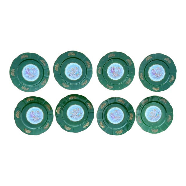 Vintage Set of 8 French Hand Painted Cherubs Gold Gilt Green Porcelain Dinner Plates For Sale