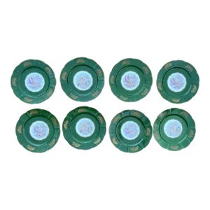 Vintage Set of 8 French Hand Painted Cherubs Gold Gilt Green Porcelain Dinner Plates