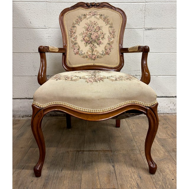 Early 20th Century Vintage French Louis XV Regency Style Carved Needlepoint Upholstered Armchair For Sale - Image 5 of 12
