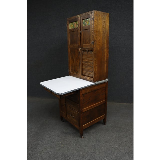 Rare Salesman Sample Style Hoosier Cabinet in Oak With Enamel Work Surface For Sale - Image 9 of 15