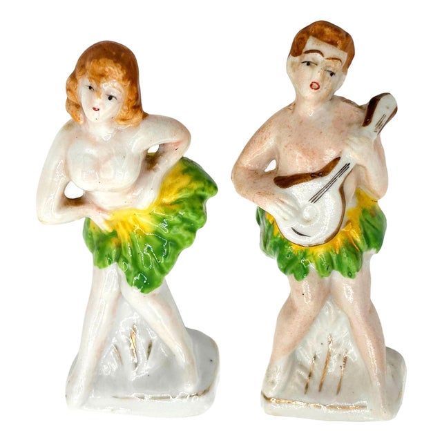 1950s Hawaiian Hula Girl & Native Male Ceramic Statue Pair by Okada China For Sale