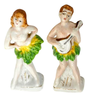 1950s Hawaiian Hula Girl & Native Male Ceramic Statue Pair by Okada China