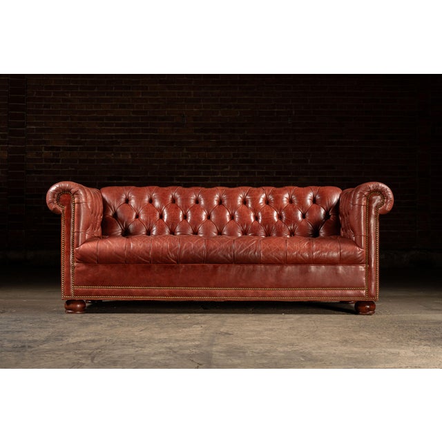 English Vintage Burnt-Red Leather Tufted Chesterfield Sofa With Nailhead Trim For Sale - Image 3 of 18