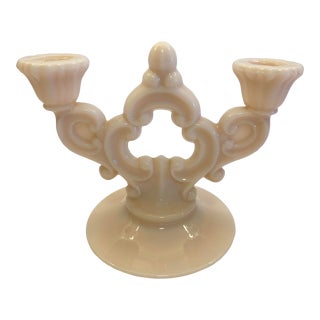 Vintage 1930s Cambridge Glass Co. Crown Tuscan Two Light Milk Glass Candelabra For Sale