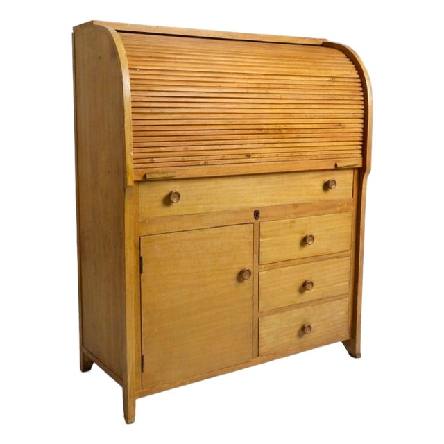 Vintage Oak Tambour Roll Top Secretaire For Sale