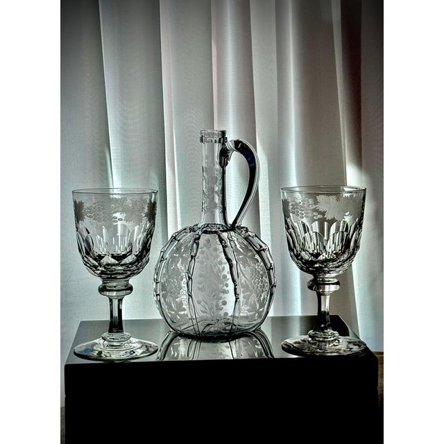 Antique Engraved Glass Claret Jug with Crystal Wine Goblets, 1890s, Set of 3 For Sale - Image 4 of 18