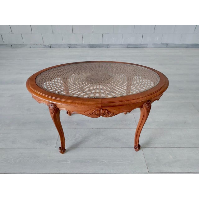 Vintage French Carved Oak Cane & Glass Oval Top Coffee Table, 1950s