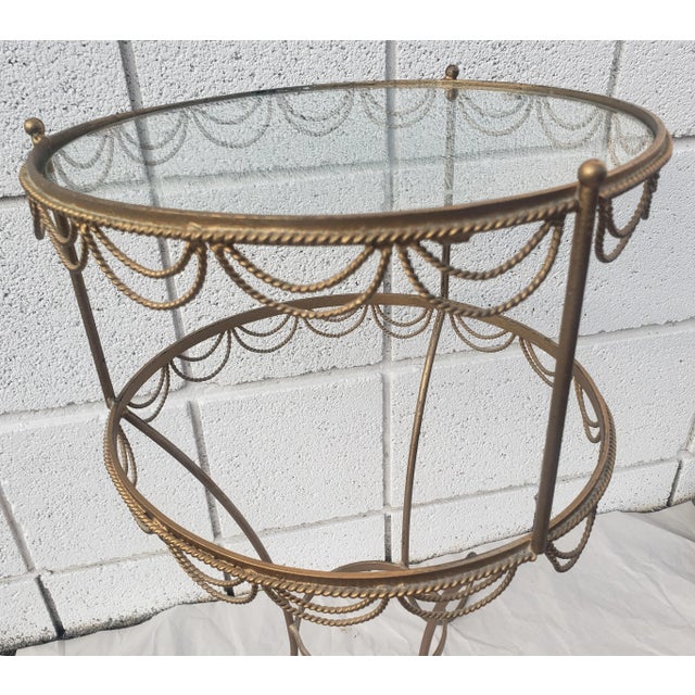 Metal Hollywood Regency Gilt Metal Ornate and Glass Top Candle Stand Plant Stand For Sale - Image 7 of 8