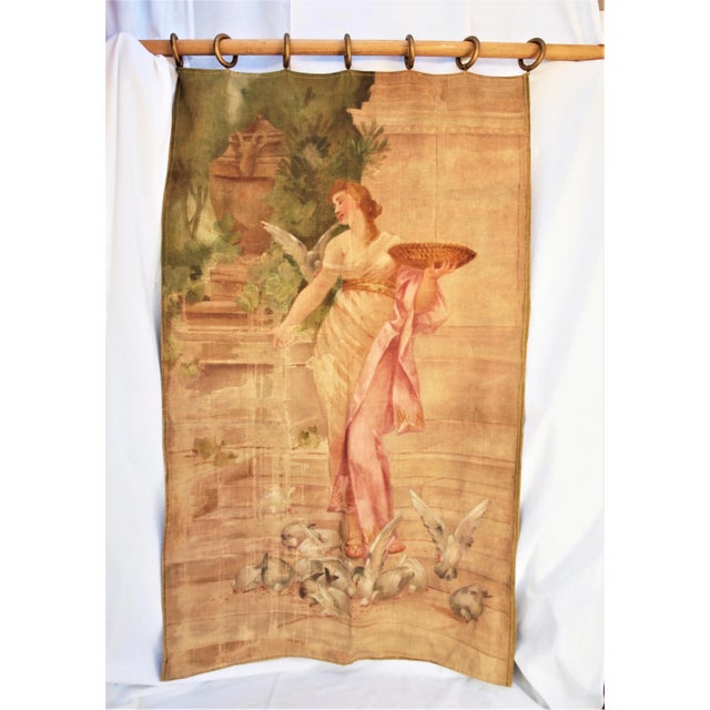 1900s Antique Hand Painted Hanging Tapestry Woman Feeding Birds For Sale In San Francisco - Image 6 of 7