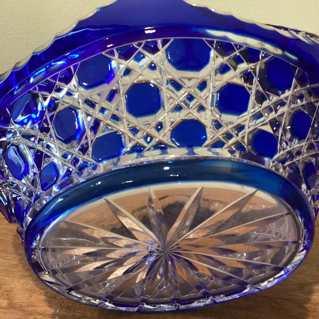 Vintage Limited Edition Cobalt Blue Cut to Clear Bohemian Crystal Centerpiece Basket For Sale - Image 9 of 13