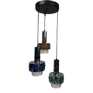Mid Century Modernist Blue, Orange & Green Resin and Glass Triple Pendant Chandelier