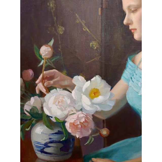 Marguerite Stuber Pearson -Woman in Blue Arranging Her White Roses-Oil Painting For Sale In Los Angeles - Image 6 of 12