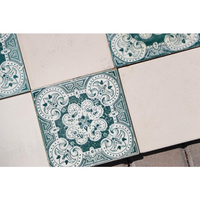 1920s Portuguese Art Deco Tiles Set of 32 Large Green & White Antique Decorative Tiles For Sale - Image 14 of 18