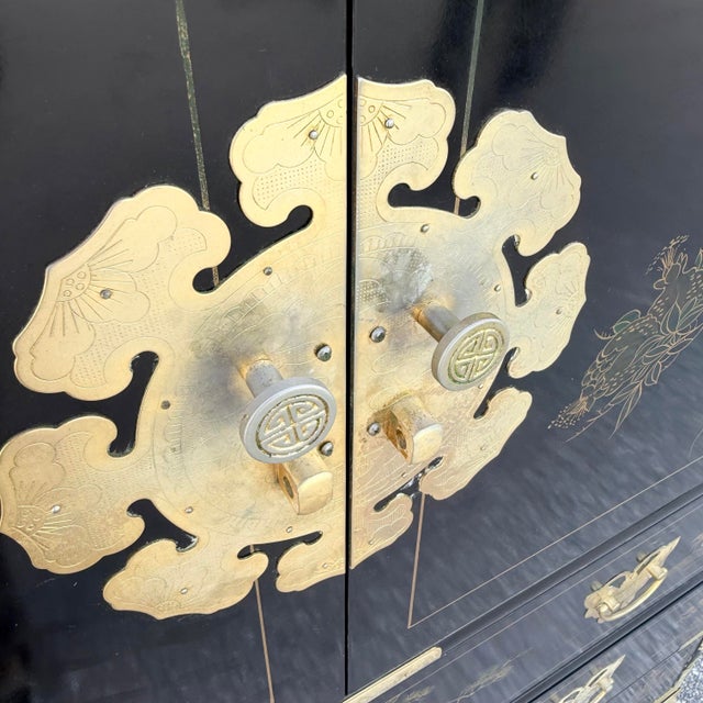 Wood Chinese Black and Gold and Hand Painted Armoire/Chest of Drawers For Sale - Image 7 of 9