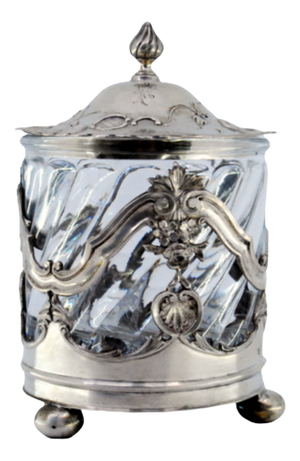 Silver Bonbon Box with a Cut Glass Core and Relief with Flowers and Plant Motifs and Supported by Three Round Feet.
