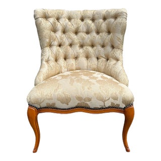 Mid 20th Century Victorian Tufted Accent Chair in Cream Damask Upholstery For Sale