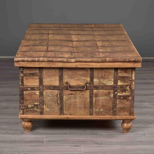 Brown 19th Century Large Anglo-Raj Iron-Bound Teak Trunk Table With Hinged Lid For Sale - Image 8 of 12