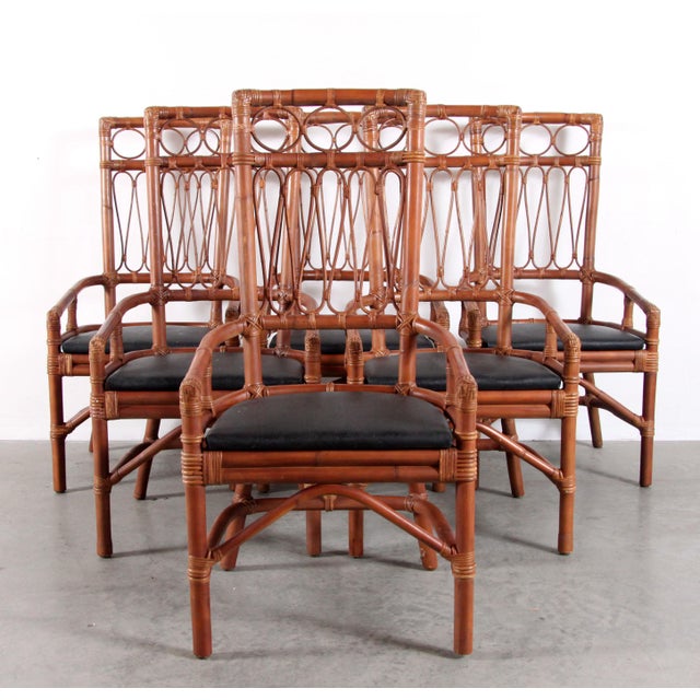 Vintage Hollywood Regency Chinoiserie Bamboo Rattan Dining Chairs Set