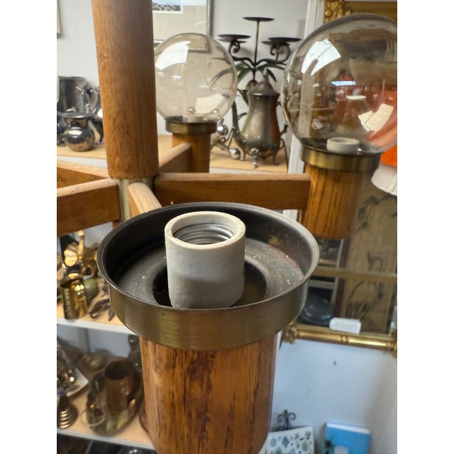 Wood Mid-Century Modern Brass Wood 5 Light Globe Chandelier For Sale - Image 7 of 8