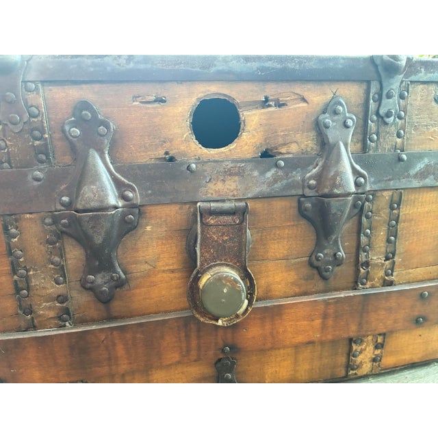 Wood Antique Wood Travel Trunk With Leather Straps and Original Hardware For Sale - Image 7 of 12