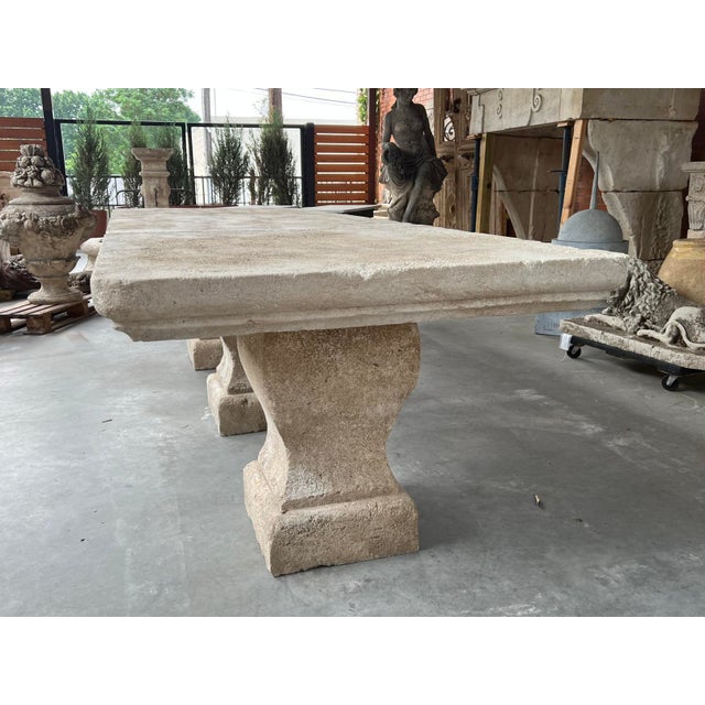 Authentic Hand Carved 3-Pedestal Limestone Garden Table From Provence, France For Sale - Image 9 of 18