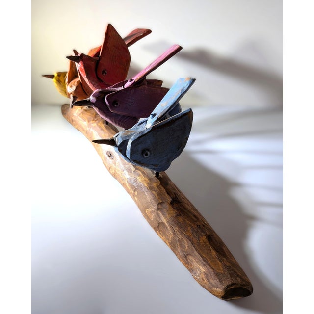 Contemporary Folk Art From Mikel Davison - Colorful Birds Sitting on a Log For Sale - Image 4 of 8