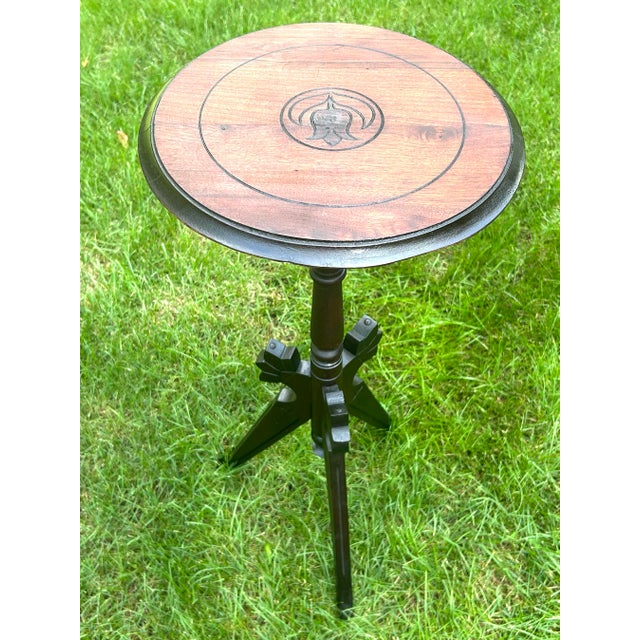 Oxblood Red Antique, Walnut, Tripod, Occasional Table, Carved Tulip Motif, Geometric-Incised Details, Victorian/Eastlake Attributes, C 1900-1930’s For Sale - Image 8 of 12