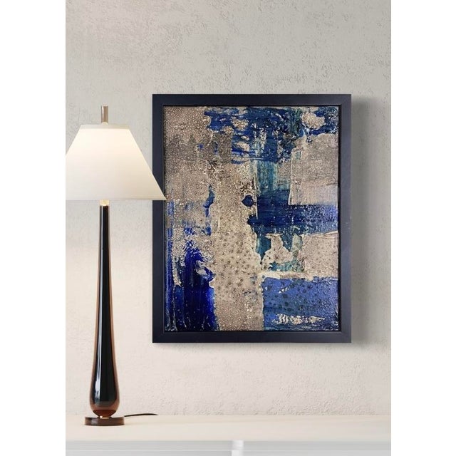 Original abstract painting by J. Kent Martin featuring layered cobalt blue, deep navy, cream, and warm neutrals in a...