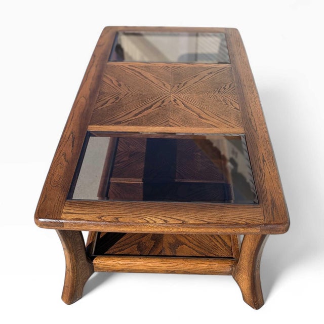 Mid 20th Century Smoked Glass and Oak Parquetry Coffee Table With Lower Shelf For Sale - Image 14 of 18