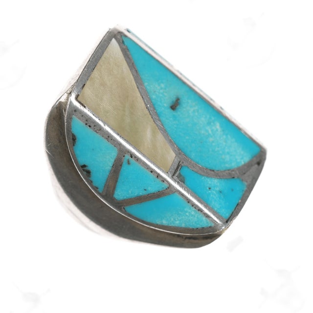 Contemporary sz10 60's-70's Zuni sterling turquoise and shell channel inlay ring For Sale - Image 3 of 7