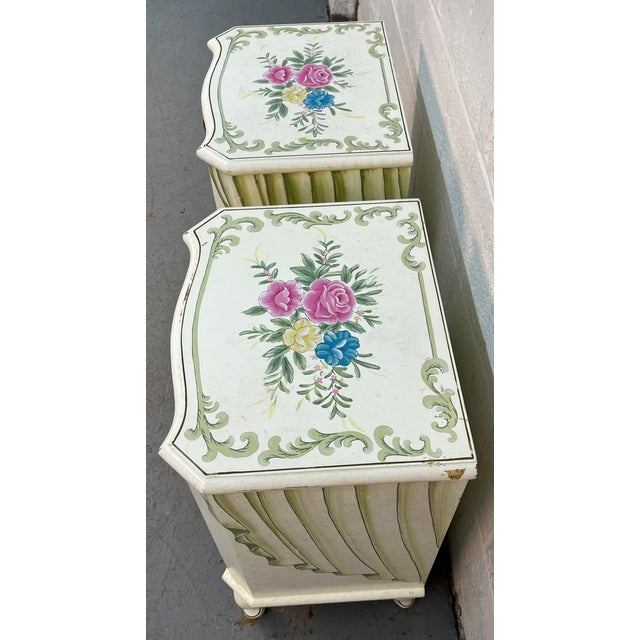 Antique White Mid 20th Century Pair of French Provincial Hand-Painted Floral Night Stands For Sale - Image 8 of 16
