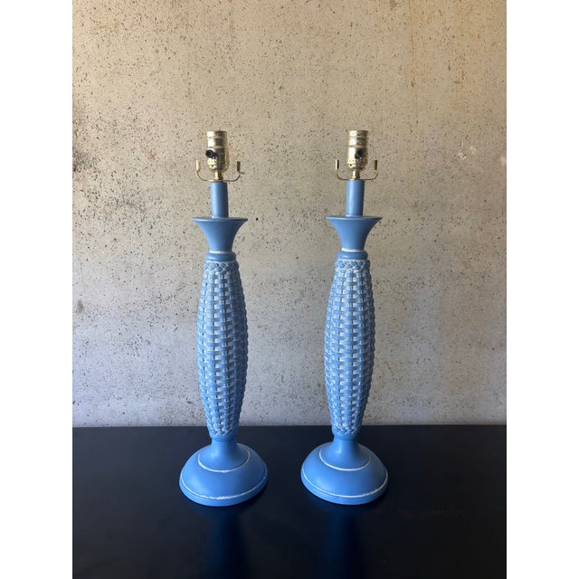 Hollywood Regency Vintage Coastal Basket Weave Blue Palm Beach Table Lamps - a Pair For Sale - Image 3 of 5