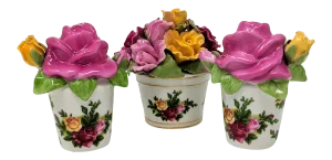 Vintage 1980s Ultra Rose, Yellow, Gold Colored Royal Doulton White Salt and Pepper Set With Decorative Flower Pot - Set of Three (3)