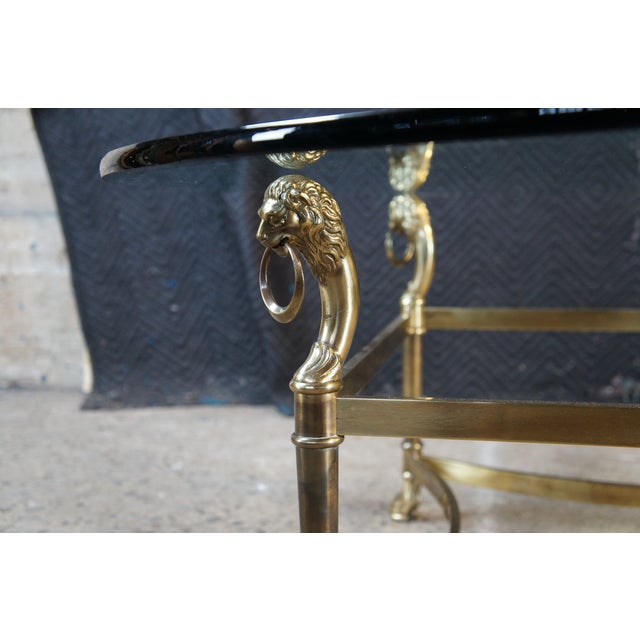 Vintage Italian Regency Figural Brass Lion Head Round Glass Coffee Table 39" For Sale - Image 4 of 12