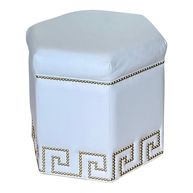 Ethan Allen White Leather Greek Key Nailhead Ottoman / Hexagon Stool For Sale